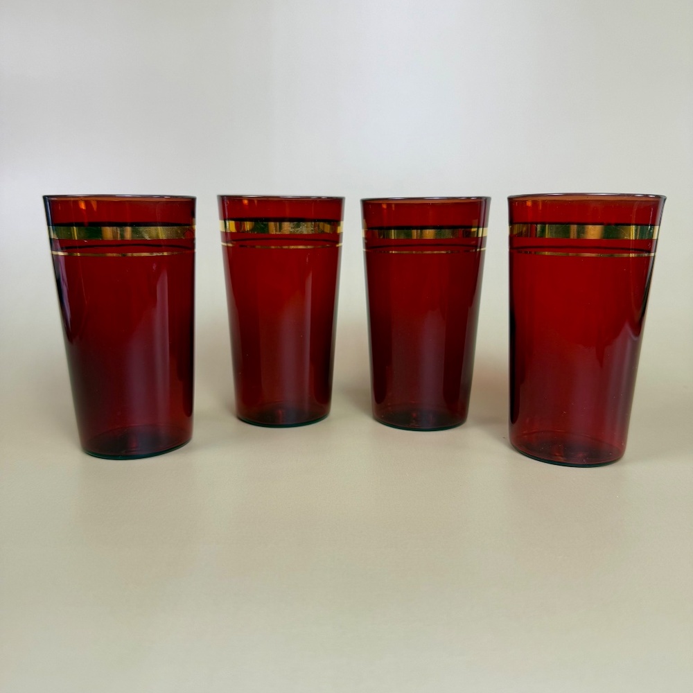 Vintage Ruby Red Glass Tumblers with Gold Design – Set of 4 - Picture 8 of 16